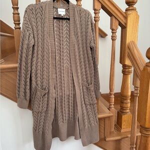 Pink Rose Open-Front Midi Tan Knit Cardigan with Pockets